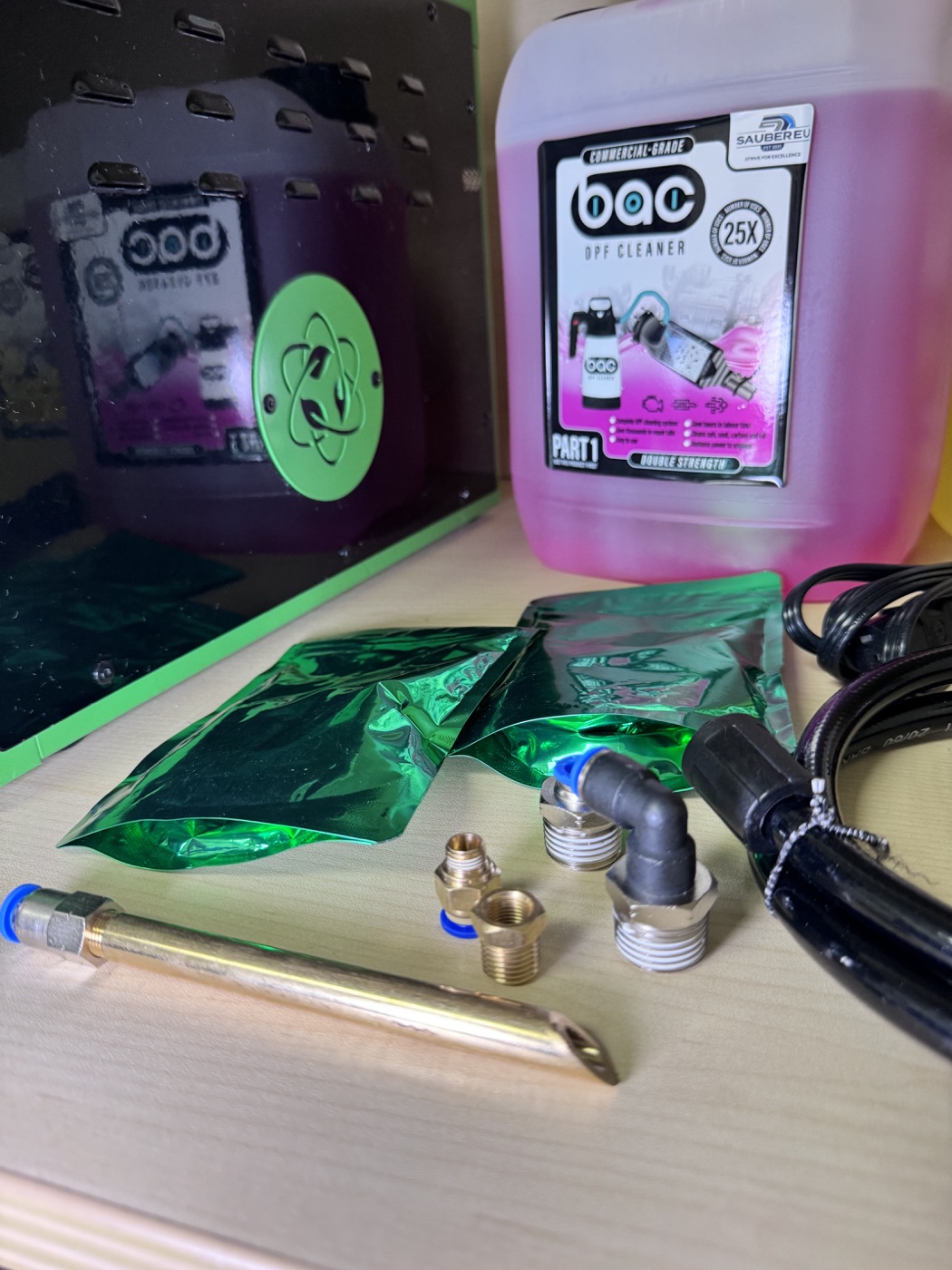 Cleaning accessories, connectors and product beside the equipment