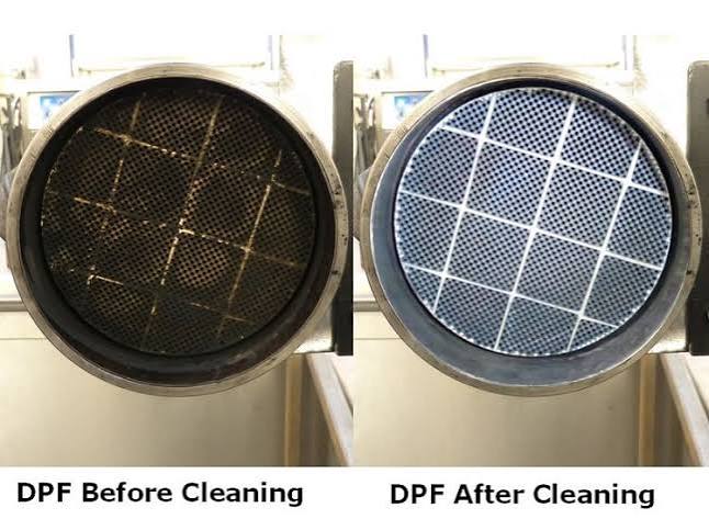 Dirty DPF filter on the left and clean filter on the right