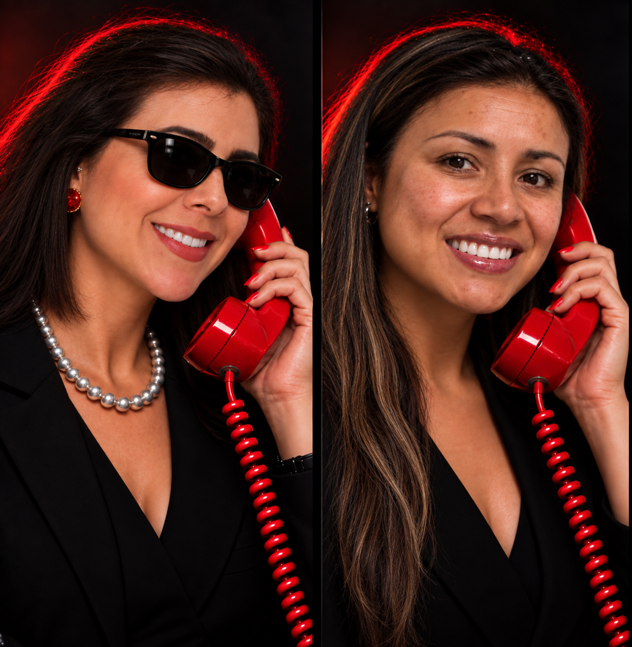 Two smiling women holding red telephones; the woman on the left wears sunglasses